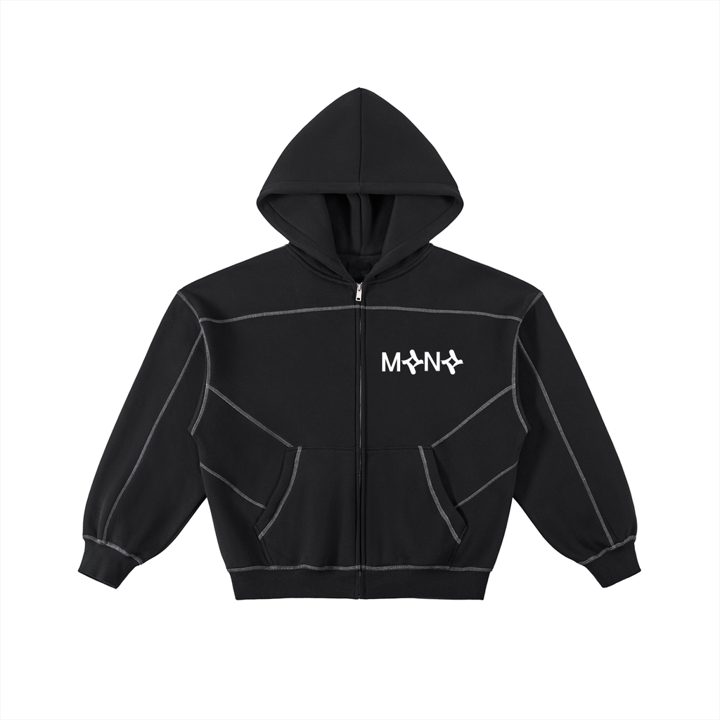 Contrast-Stitched Boxy Fleece Zip Hoodie